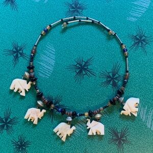 Vintage Choker Tribal Beads Carved Elephant Necklace Wrap Around African